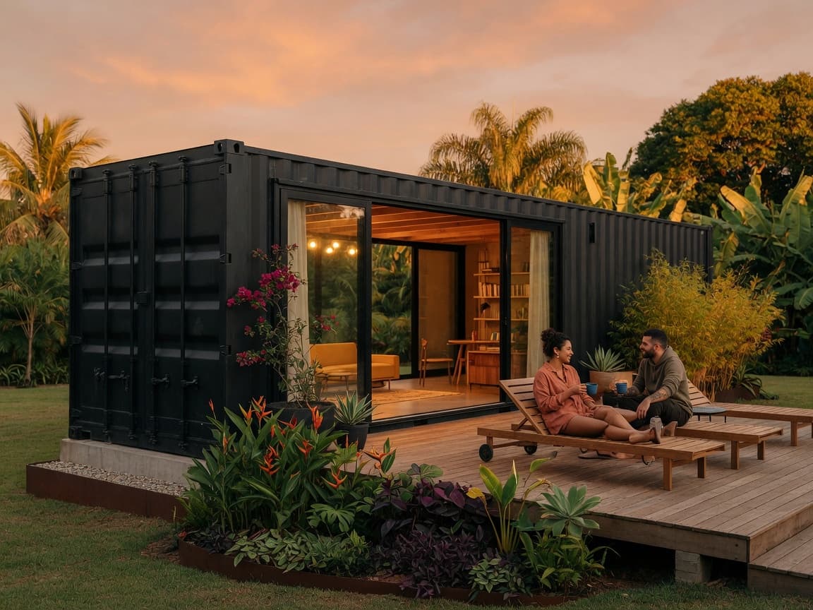 Casa container com pessoas no deck ao entardecer